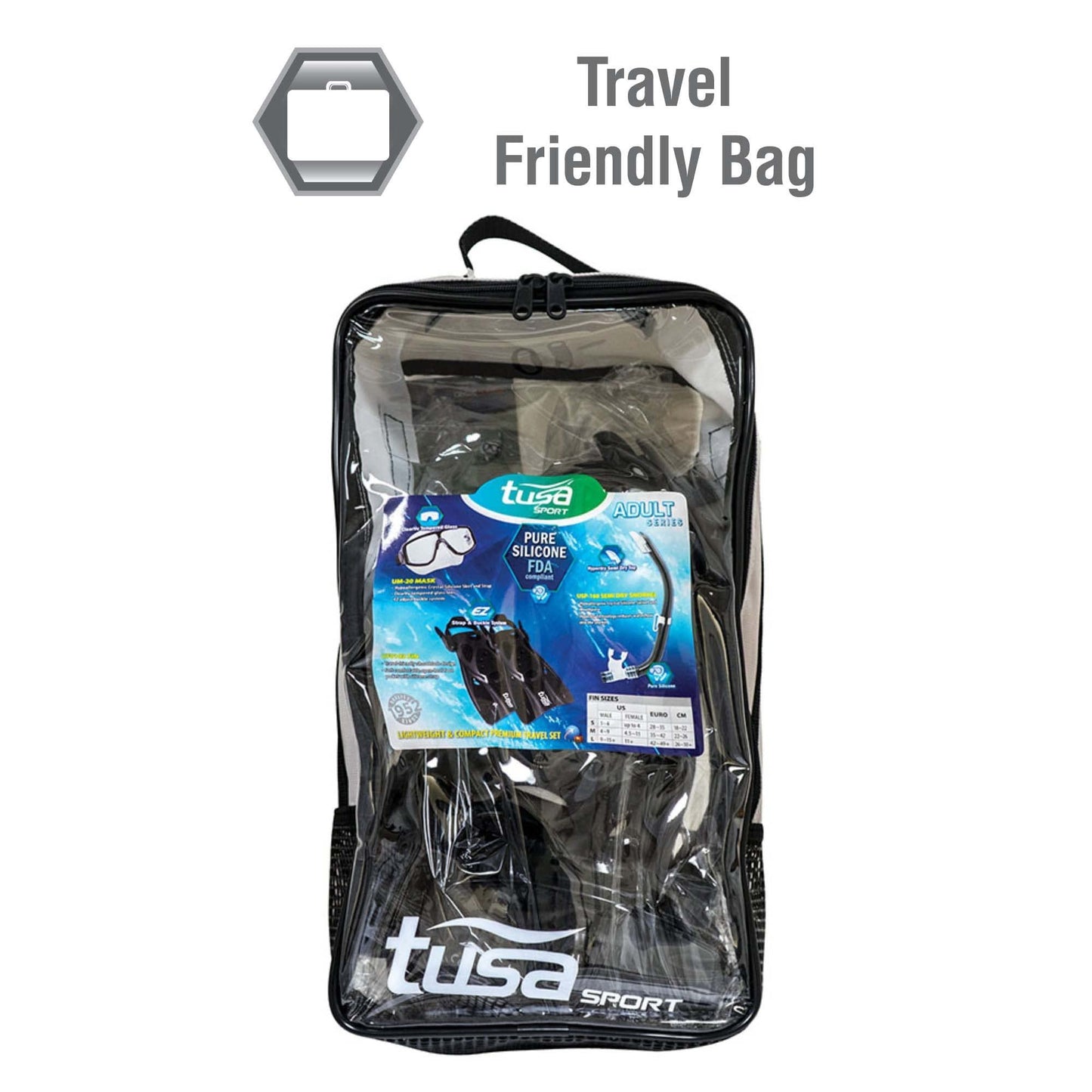 TUSA Sport Adult Platina Hyperdry Mask, Snorkel, & Fins Travel Set