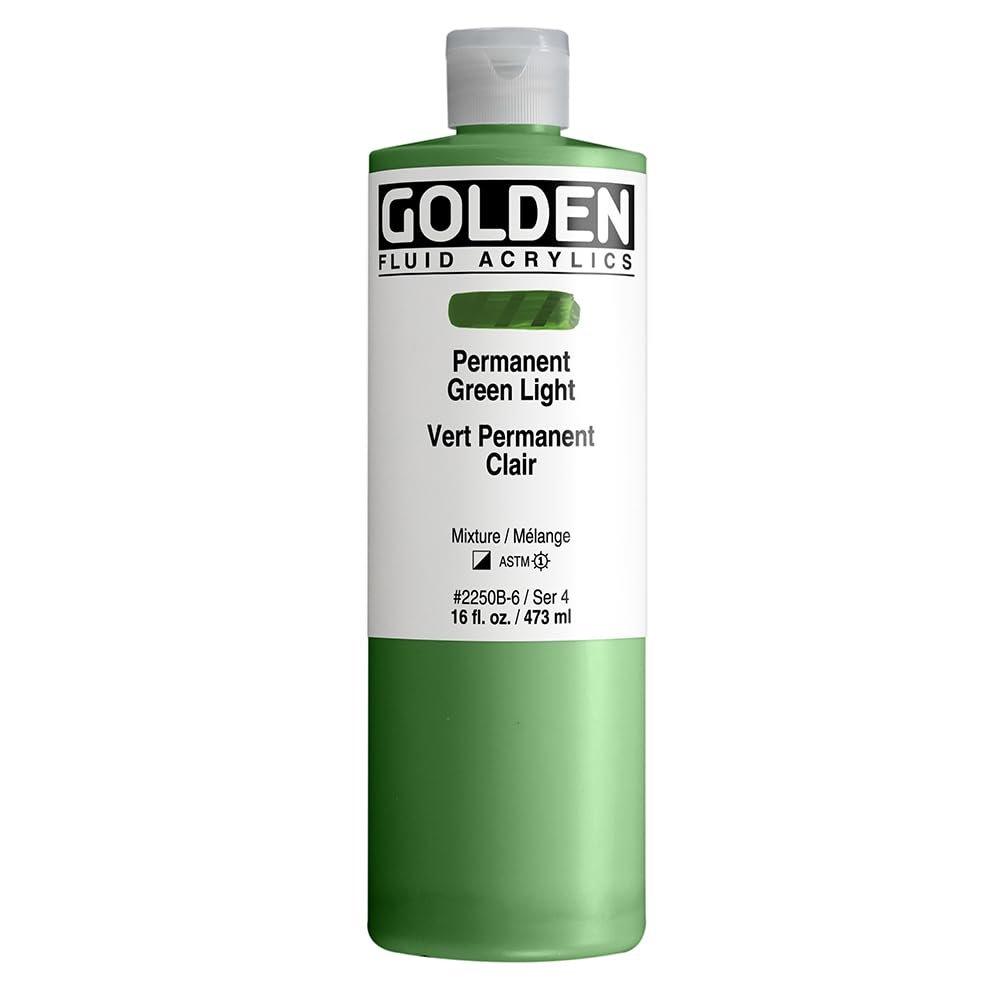 Fluid Acrylics by GOLDEN, Permanent Green Light, 16 fl. oz. Bottle, Professional Acrylic Paint, Semi-Opaque