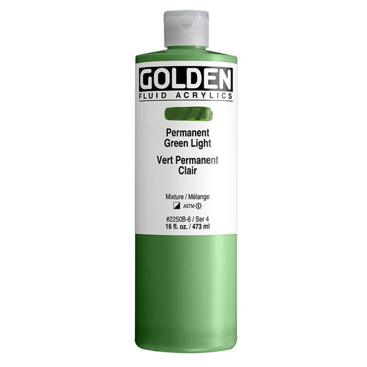 Fluid Acrylics by GOLDEN, Permanent Green Light, 16 fl. oz. Bottle, Professional Acrylic Paint, Semi-Opaque