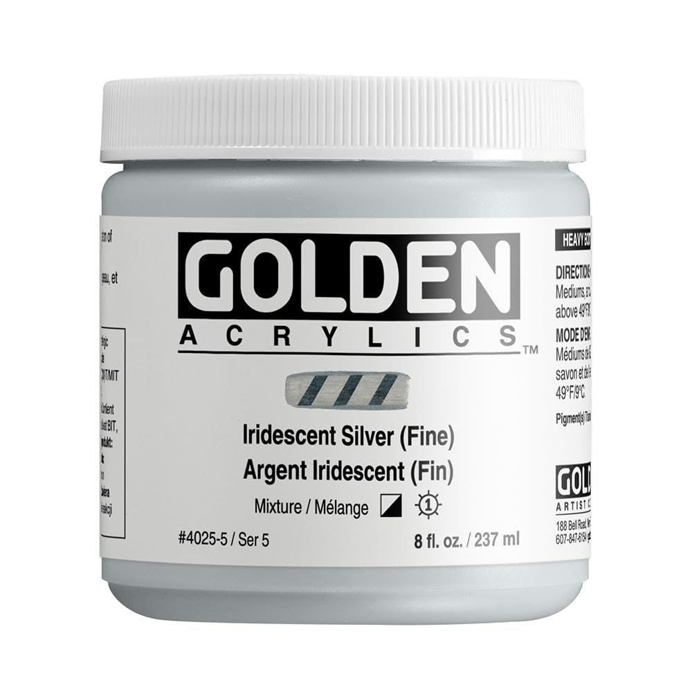 Heavy Body Acrylics by GOLDEN, Iridescent Silver (Fine), 8 fl. oz. Jar, Professional Acrylic Paint, Semi-Opaque