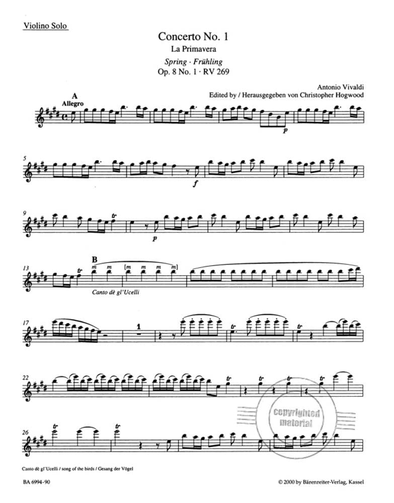 Vivaldi, Antonio - Four Seasons ( Complete ) For Violin and Piano. URTEXT. Barenreiter