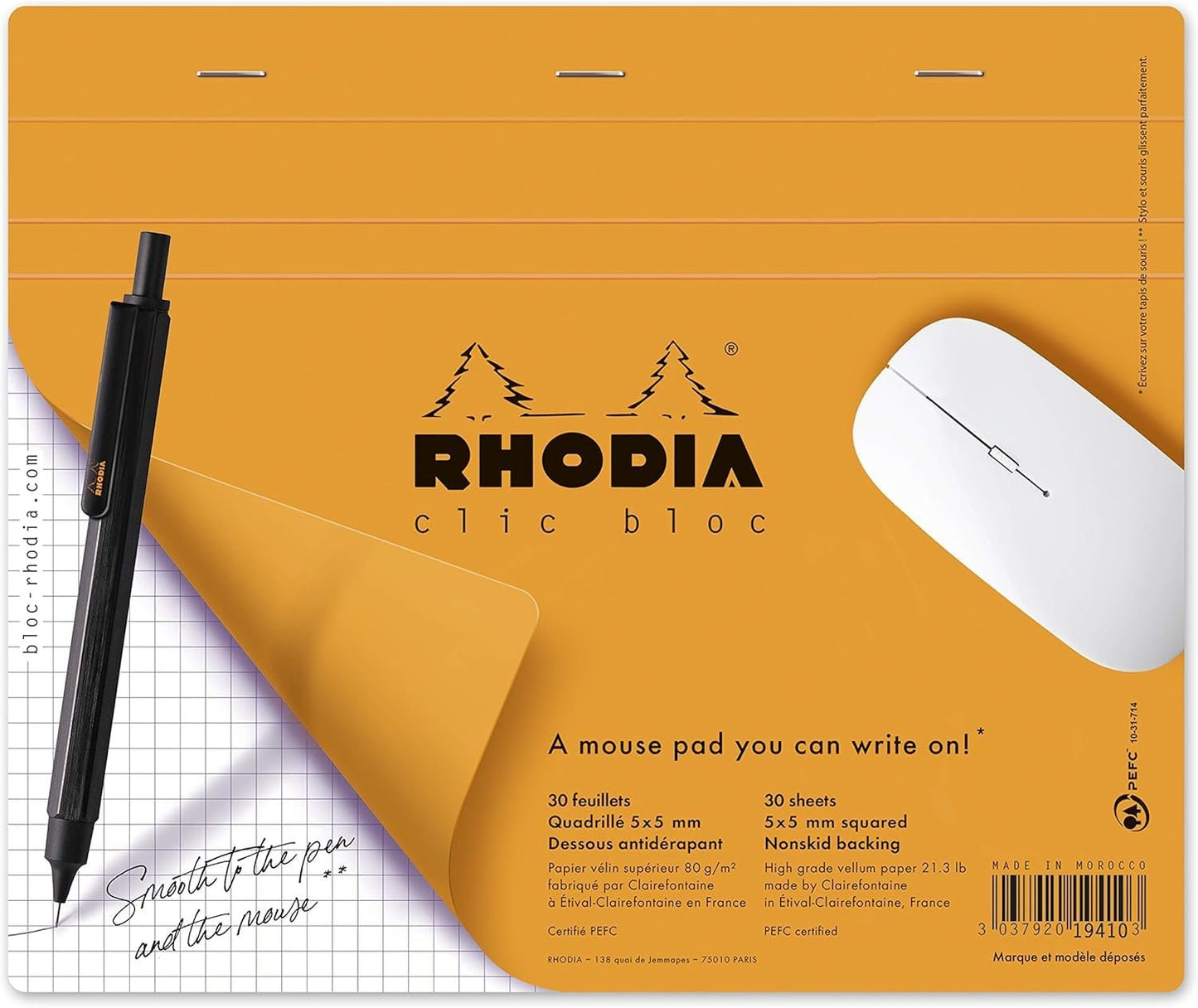 Rhodia 19410C - Mouse Mat Notepad, 19x23cm, Squared, 30 Detachable Sheets, Clairefontaine Paper 80g, Non-Slip Base