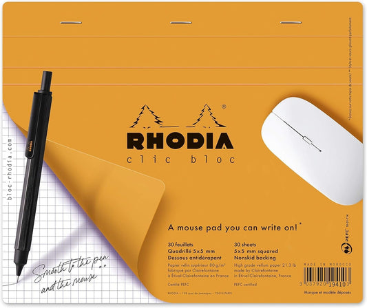 Rhodia 19410C - Mouse Mat Notepad, 19x23cm, Squared, 30 Detachable Sheets, Clairefontaine Paper 80g, Non-Slip Base