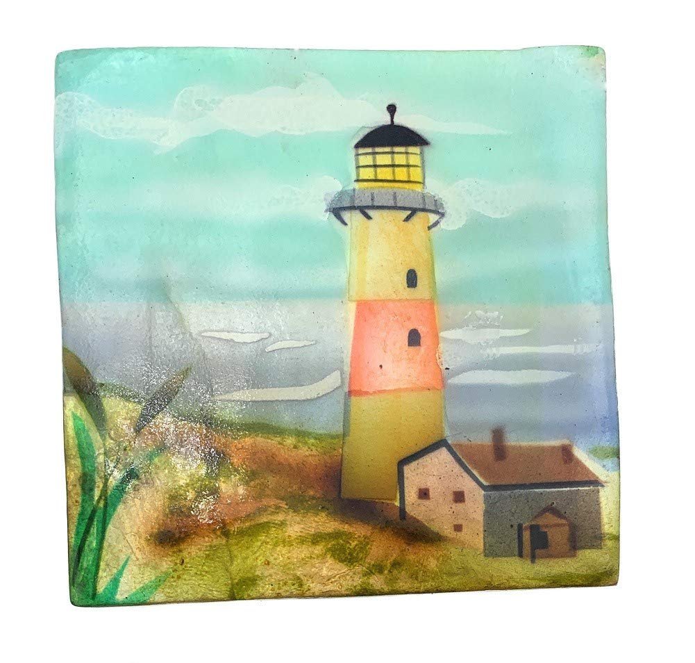 Kubla Craft Red and White Lighthouse Capiz Shell Keepsake Box, 3 Inches Square