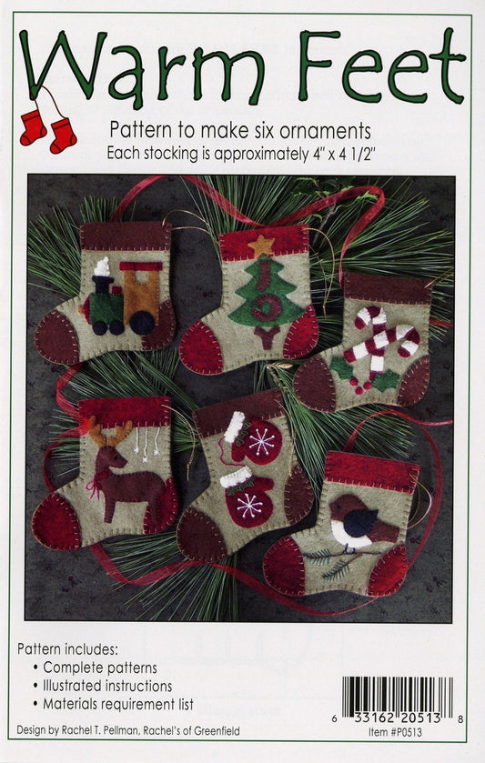 Warm Feet Christmas Ornament Felt Applique Pattern, Six (6) Ornament Designs