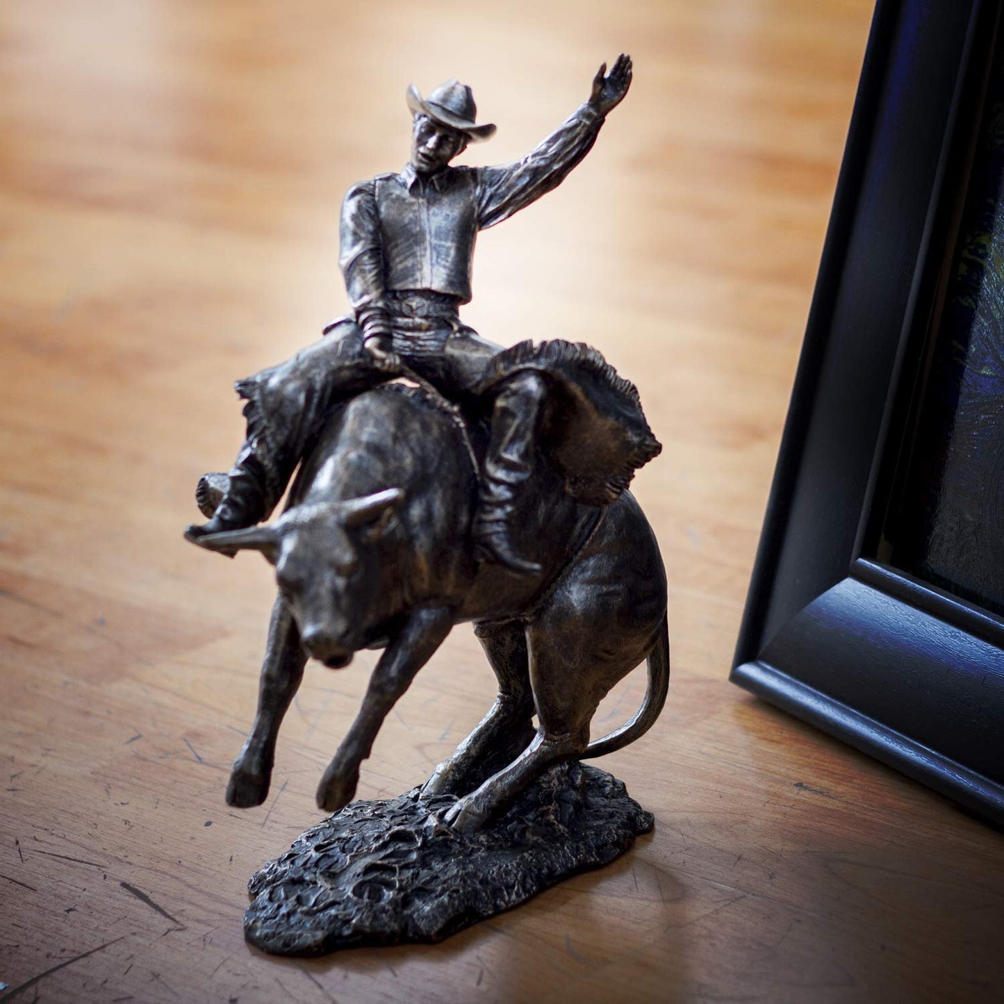 Pacific Giftware American Cowboy on Bull Resin Figurine- Bronze Finish
