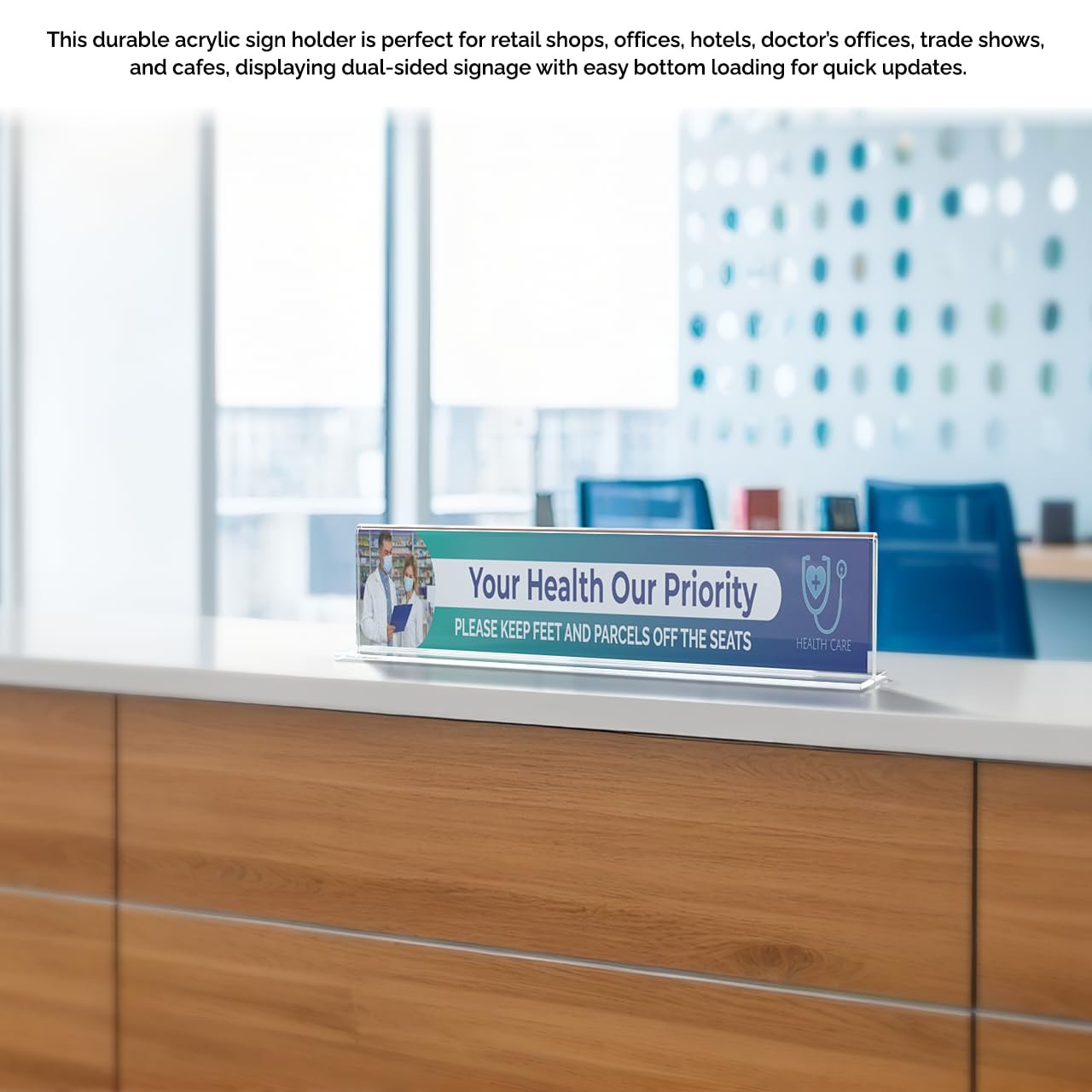 Marketing Holders 8" x 2" Name Plate Clear Desk Sign Holder Bottom Load Menu Pricing Deli Countertop Expo Event Sign Display Stand