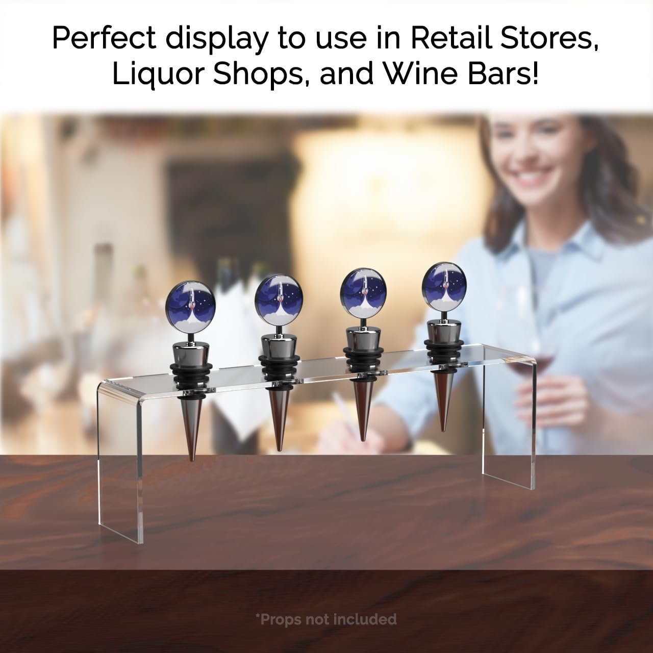 Marketing Holders 2 Pack Acrylic Wine Bottle Stopper Display Clear 4 Slot 9.75 Inch Wide by 2 Inch Deep Bar Organizing Riser with .75 Holes Countertop Pedestal Stand