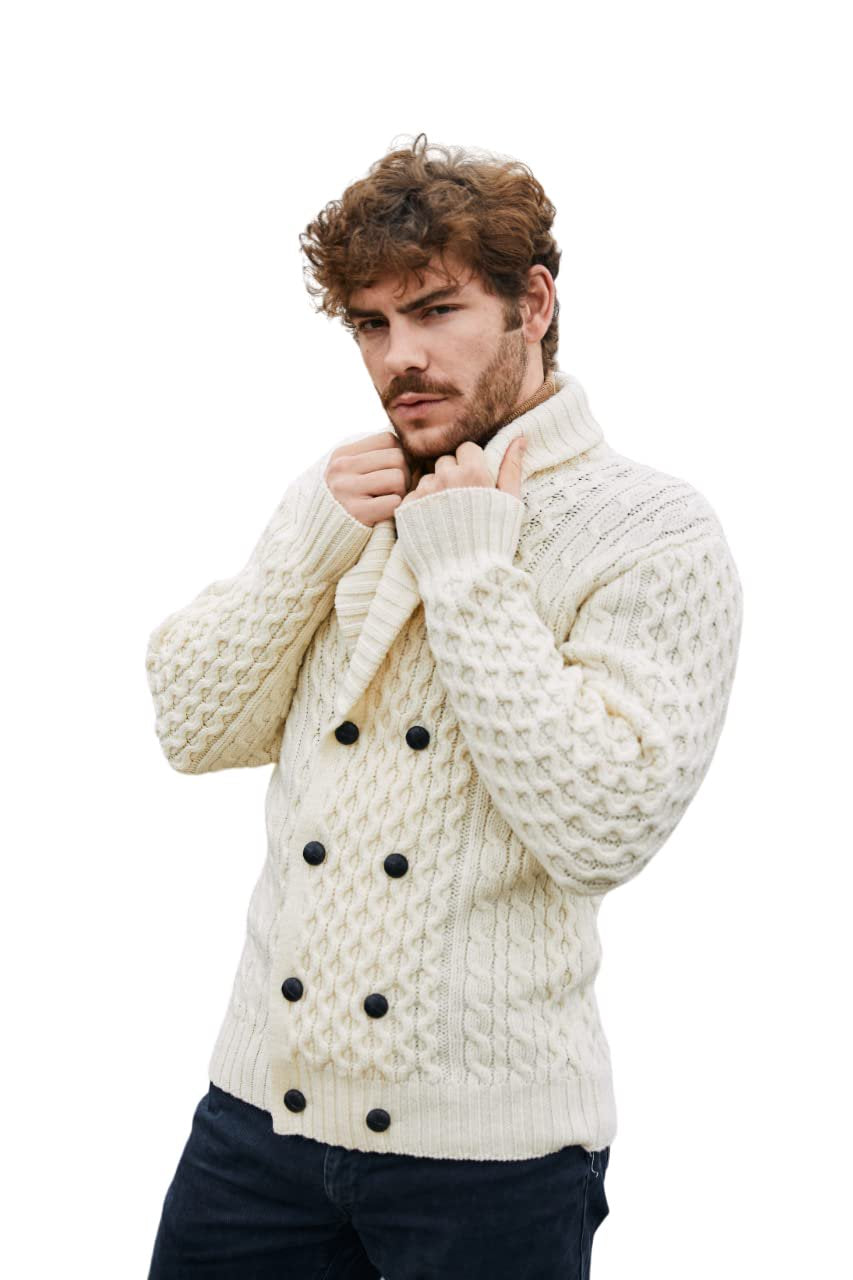 SAOL 100% Merino Wool Double Breasted Shawl Cardigan with Buttons for Men's (US, Alpha, Large, Regular, Regular, Natural)