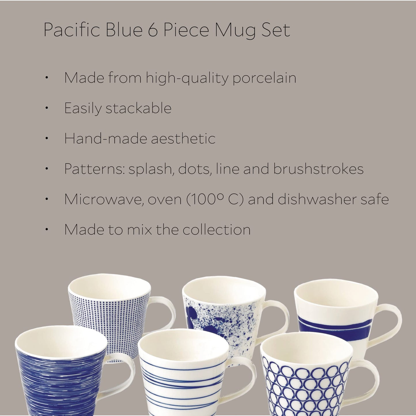 Royal Doulton Pacific Large Mug 450ml Set of 6, Blue, Porcelain, 0.45ltr