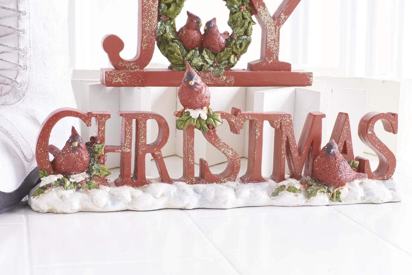 K&K Interiors 53917B 11.25 Inch Resin Red Glittered Christmas Tabletop Cutout with Cardinals
