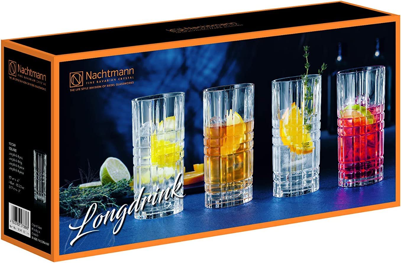 Nachtmann Longdrinkgläser Set 445 ml, 4 Stück, Square, 101049, Cocktailgläser aus Kristallglas, Trinkgläser spülmaschinenfest