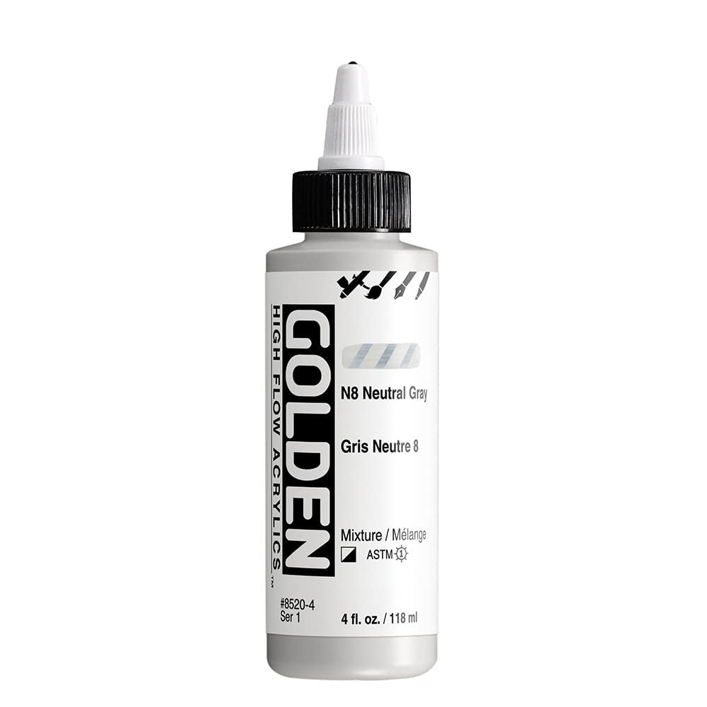 GOLDEN High Flow Acrylics, N8 Neutral Gray, 4 fl. oz. Bottle, Professional Acrylic Paint, Semi-Opaque
