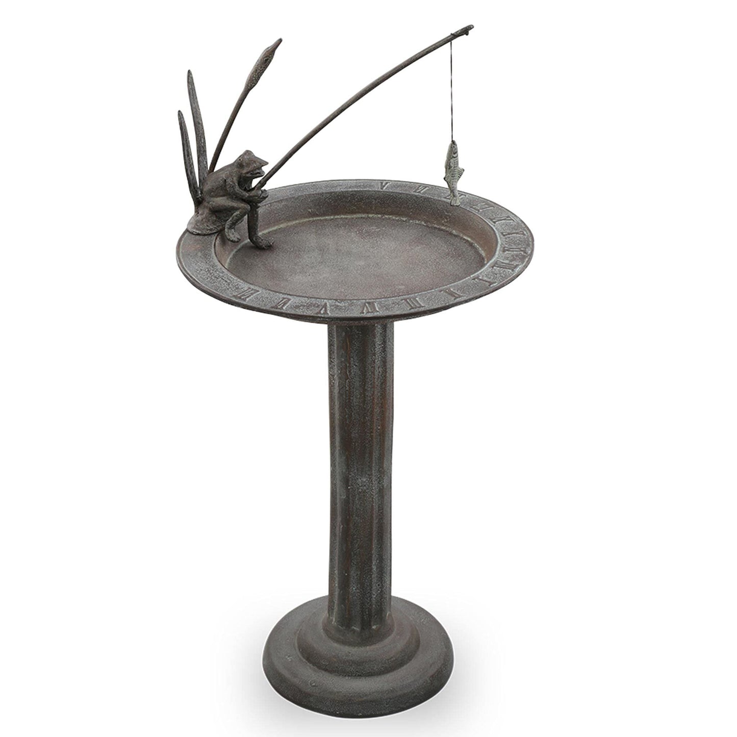 SPI Home Fishing Frog Cast Aluminum SundialBirdbath 31 Inches Tall, bronze