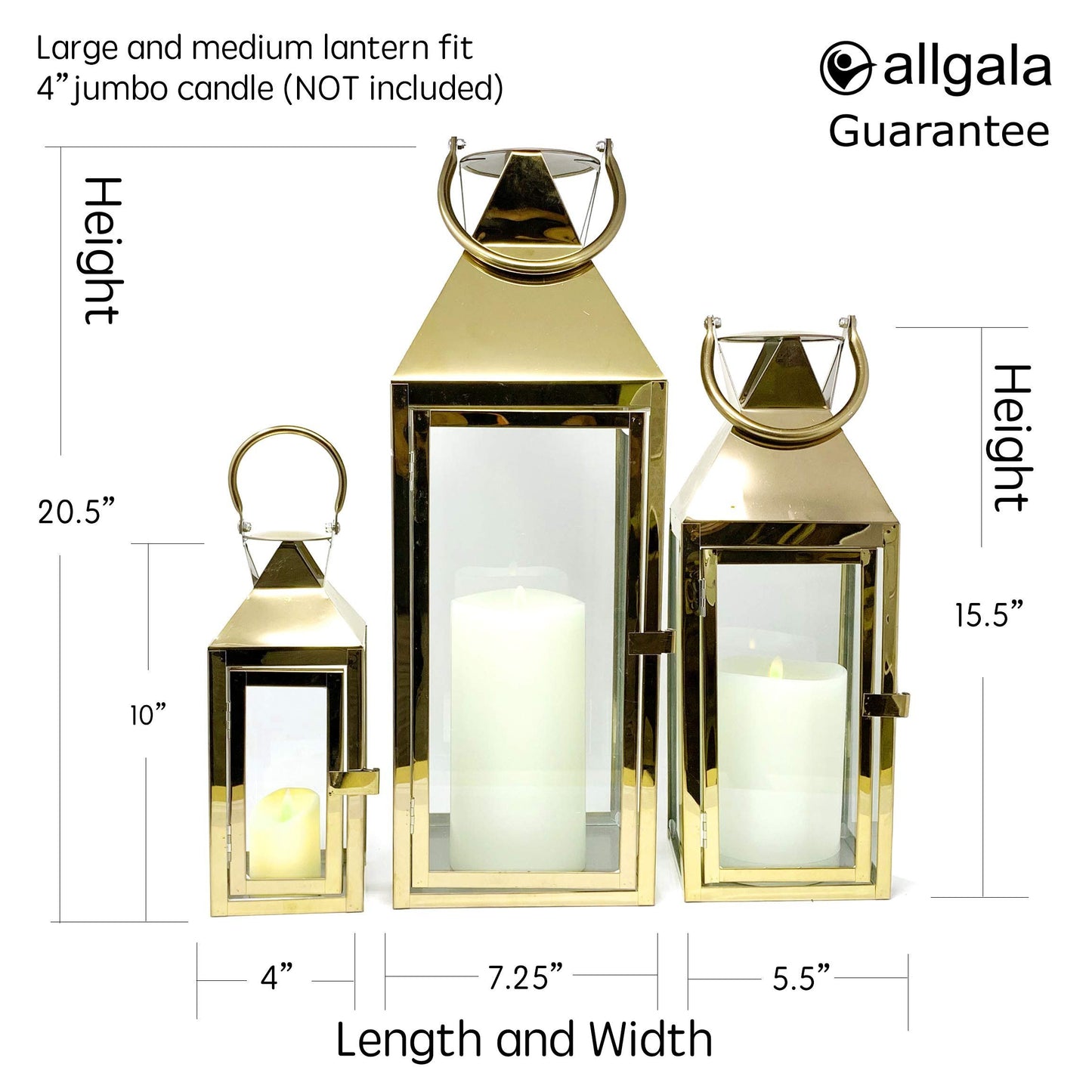 Allgala Lantern Set 3-PC Jumbo Deluxe Modern Indoor/Outdoor Candle Lantern Set with Chrome Plated Structure and Tempered Glass for Garden Poolside Fireplace Wedding