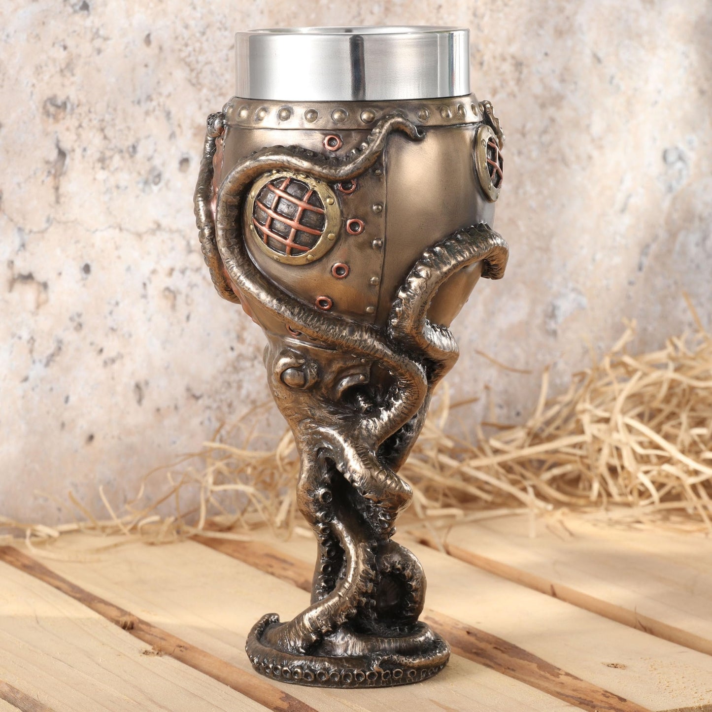 Veronese Design 7 1/2 Inch Steampunk Octopus Diving Bell Goblet Cold Cast Resin Bronze Finish Stainless Steel Cup (7 fl oz)