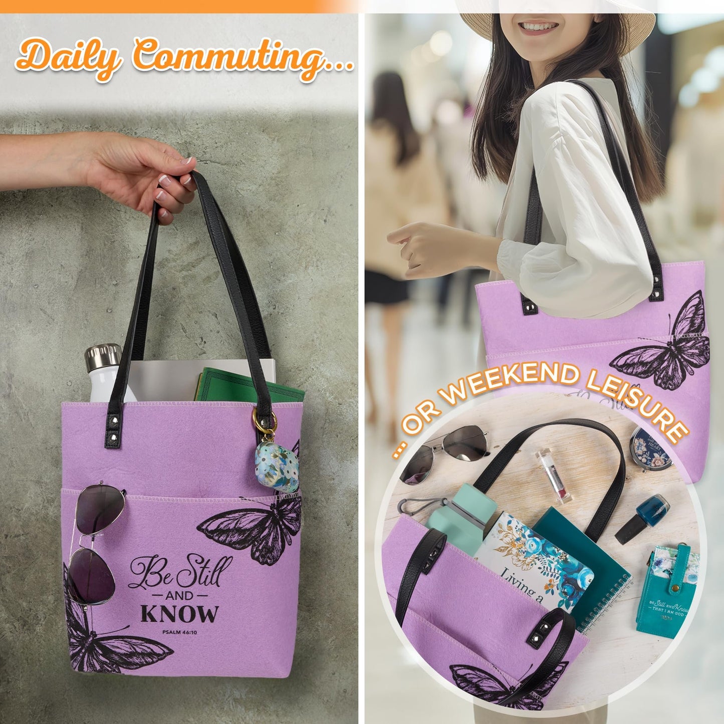 Christian Art Gifts Felt and Faux Leather Fashion Bible Cover Tote Bag with Inspirational Scripture, One Size