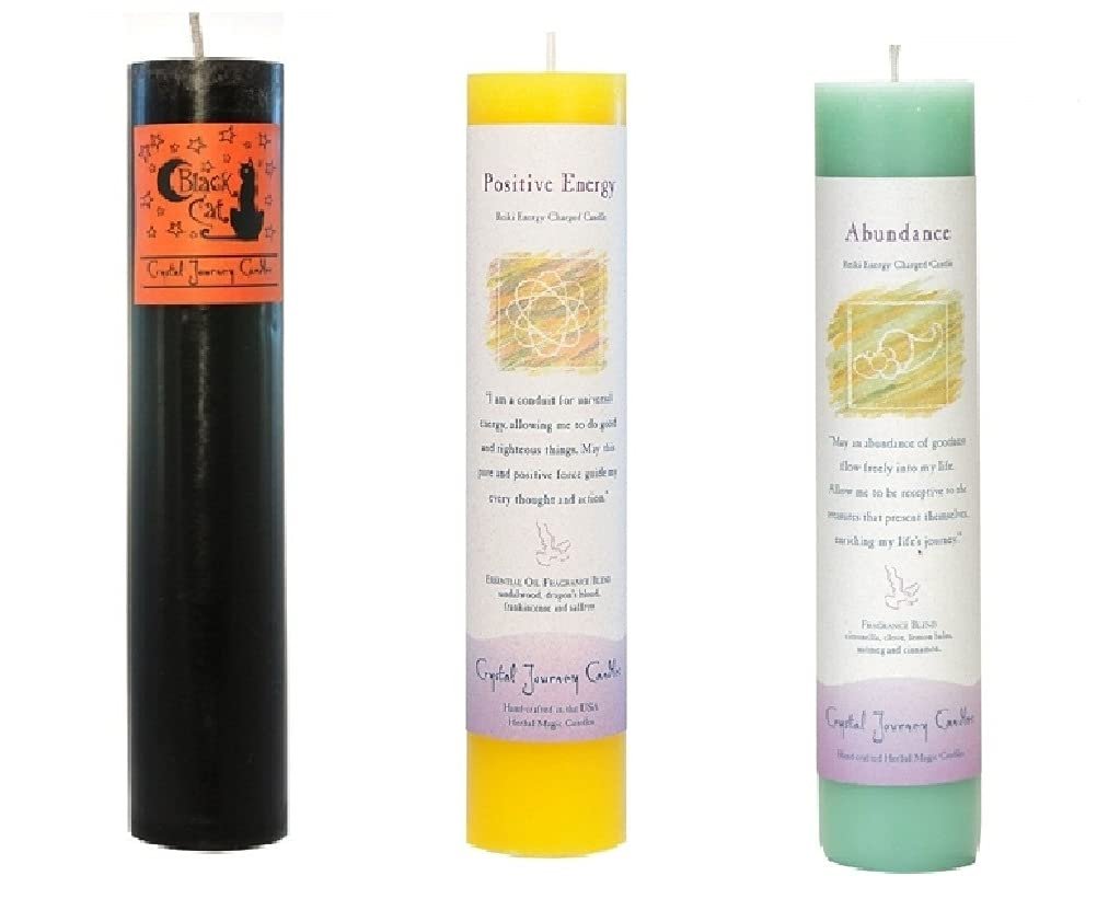 Crystal Journey Reiki Charged Herbal Magic Pillar Candle with Inspirational Labels - Bundle of 3 (Black Cat, Positive Energy, Abundance) Each 7"x1.5" Handcrafted with Lead-Free Materials