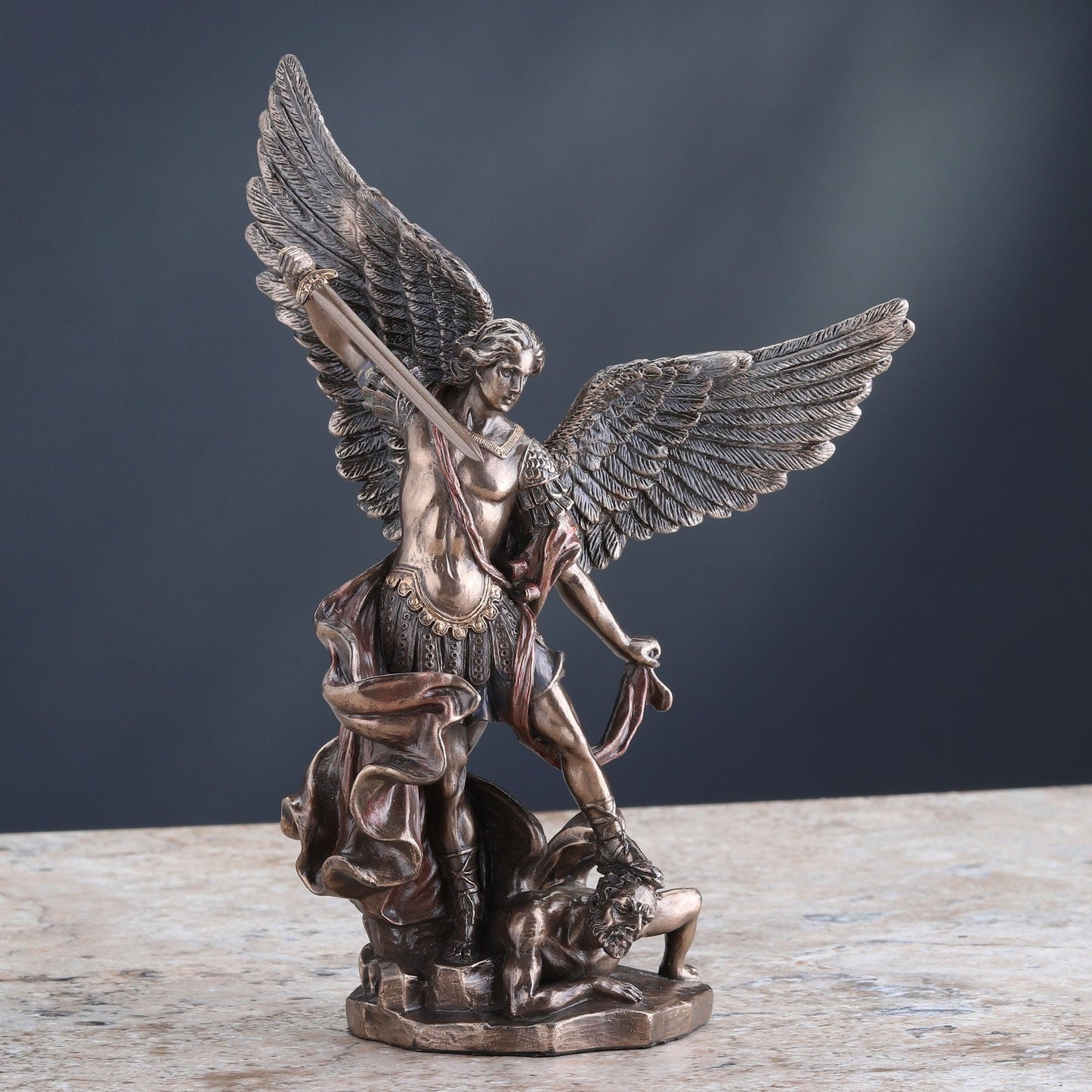 Veronese Design 7 7/8 Inch Archangel Saint Michael Standing Over Demon with Sword Resin Statue Bronze Finish