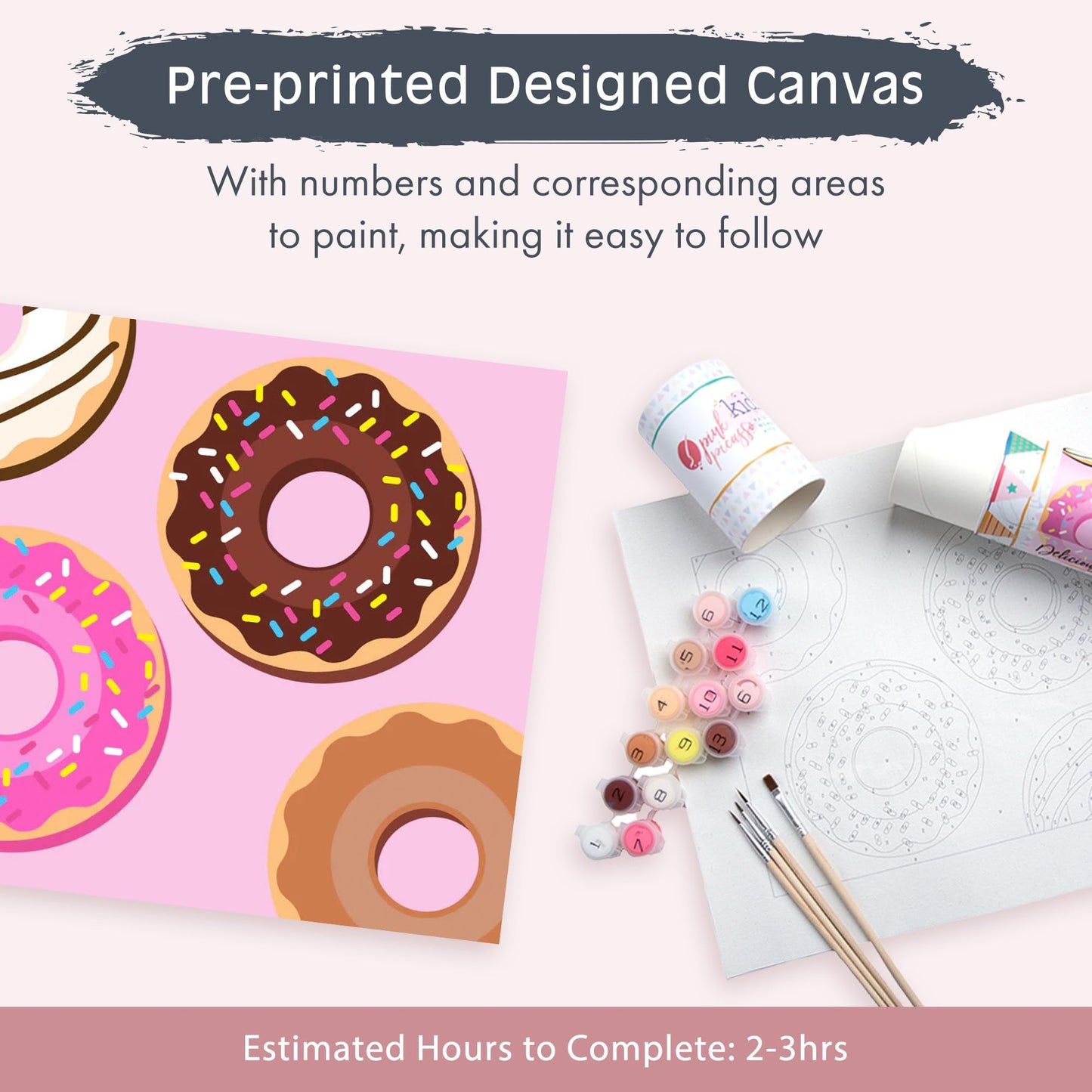 Pink Picasso Kits Paint by Number for Kids | DIY 8x10 Beginner Color by Numbers Canvas Painting Art Kits | Delicious Doughnuts