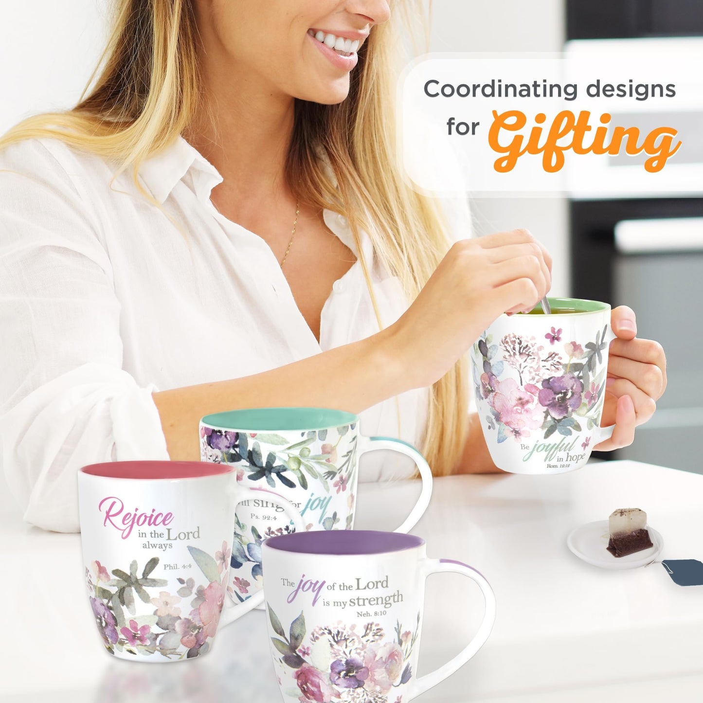 Christian Art Gifts Ceramic Coffee or Tea Mug Set for Women, Rejoice Watercolor Flowers Design Bible Verse Mug Set, Boxed Set of 4 Coffee Cups