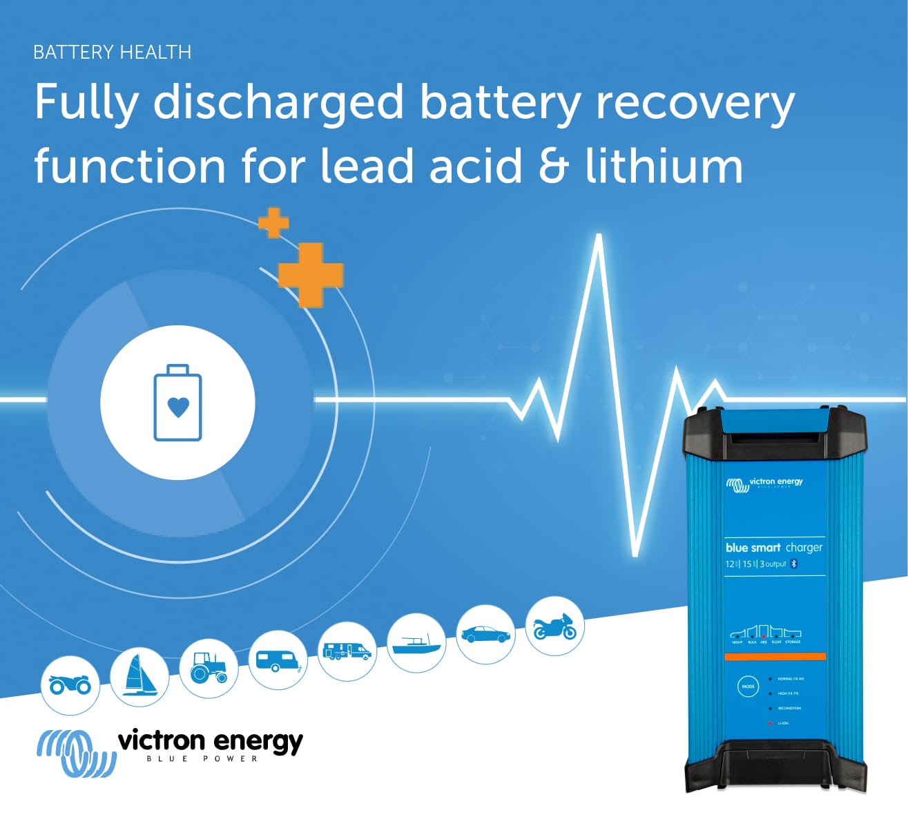 Victron Energy Blue Smart IP22 Smart Car Battery Charger 12V 15A, Float & Trickle Charger and Desulfator for Motorcycle, ATV, RV, Lithium and Deep Cycle Batteries, 3 outputs
