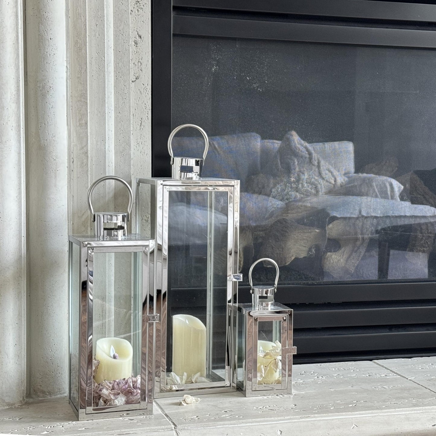 Allgala Lantern Set 3-PC Jumbo Deluxe Modern Indoor/Outdoor Candle Lantern Set with Chrome Plated Structure and Tempered Glass for Garden Poolside Fireplace Wedding