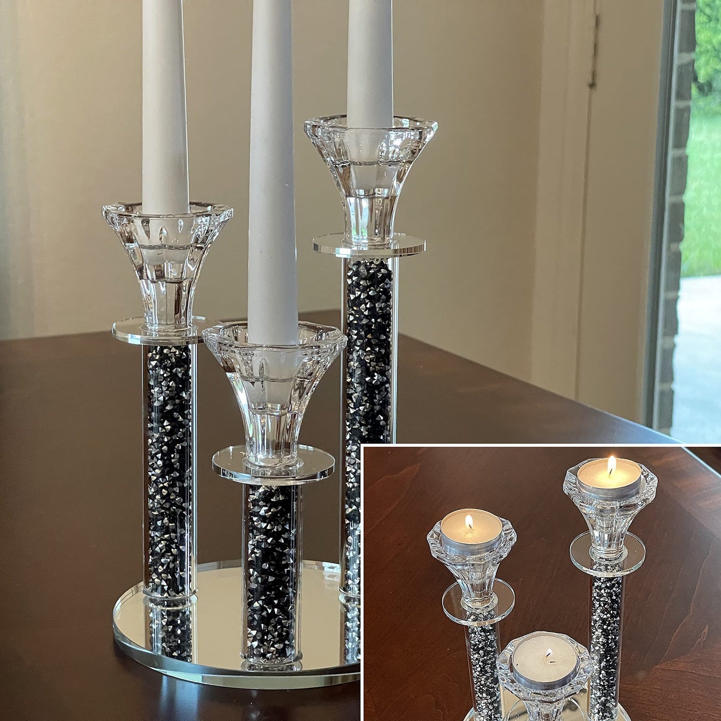 Allgala 9 Inch Tall 3-Pillar Filled with Diamond Like Stone Filled Crystal Candlesticks with Mirror Base