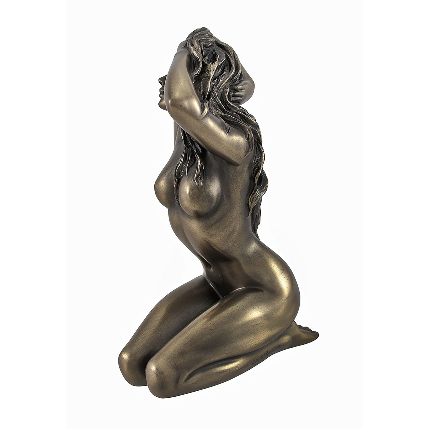 Veronese Design Bronze Finished Female Tasteful Nude Cast Resin Statue - Kneeling with Hands in Hair, Facing Right - Sculpted Elegance Embracing Femininity - 6 Inches Tall