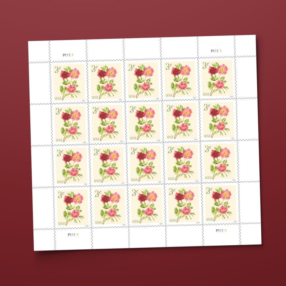 Peonies 2024 3-Cent (Sheet of 20) Denominated Mail-use Additional Postage Stamps