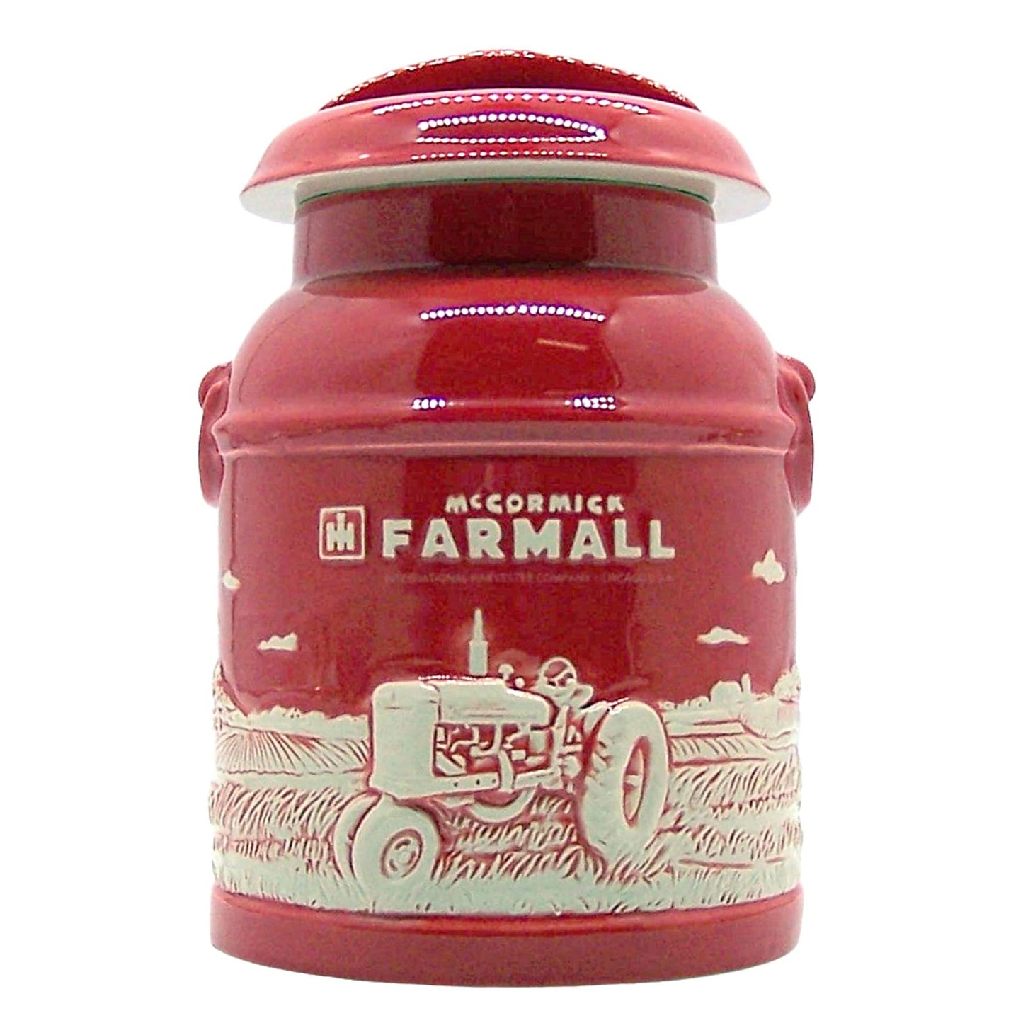 M Cornell Importers, Inc. IH Farmall Raised-Relief Stoneware Milk Can Cookie Jar