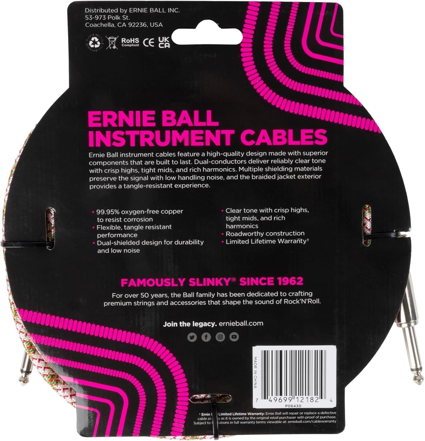 Ernie Ball Braided Instrument Cable Set Straight/Straight Length 18ft in Emerald Argyle (P06430) - Pack of 2