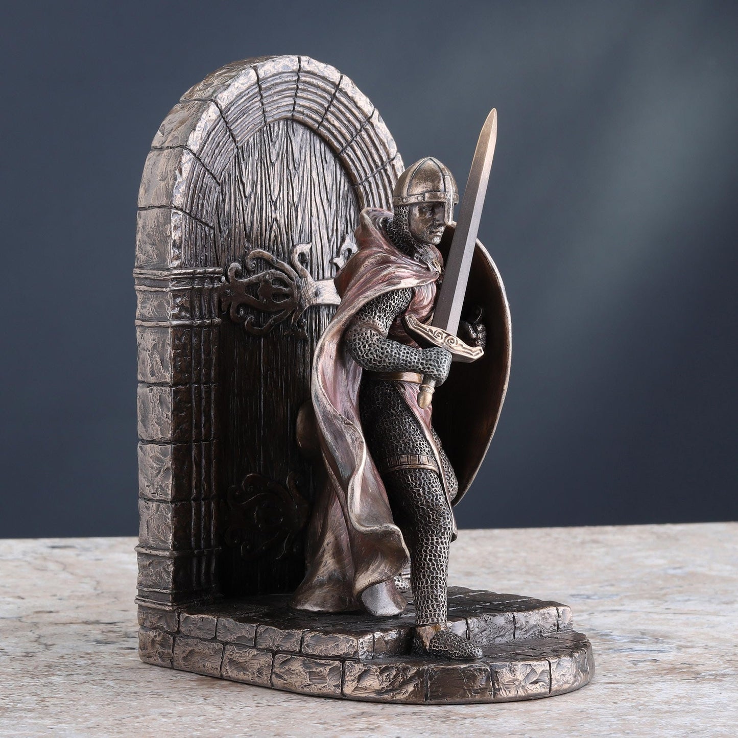 Maltese Crusader Statue in Armor Guarding Door Holding Shield & Sword Bronze Finish Resin Bookend 7.5 Inches High