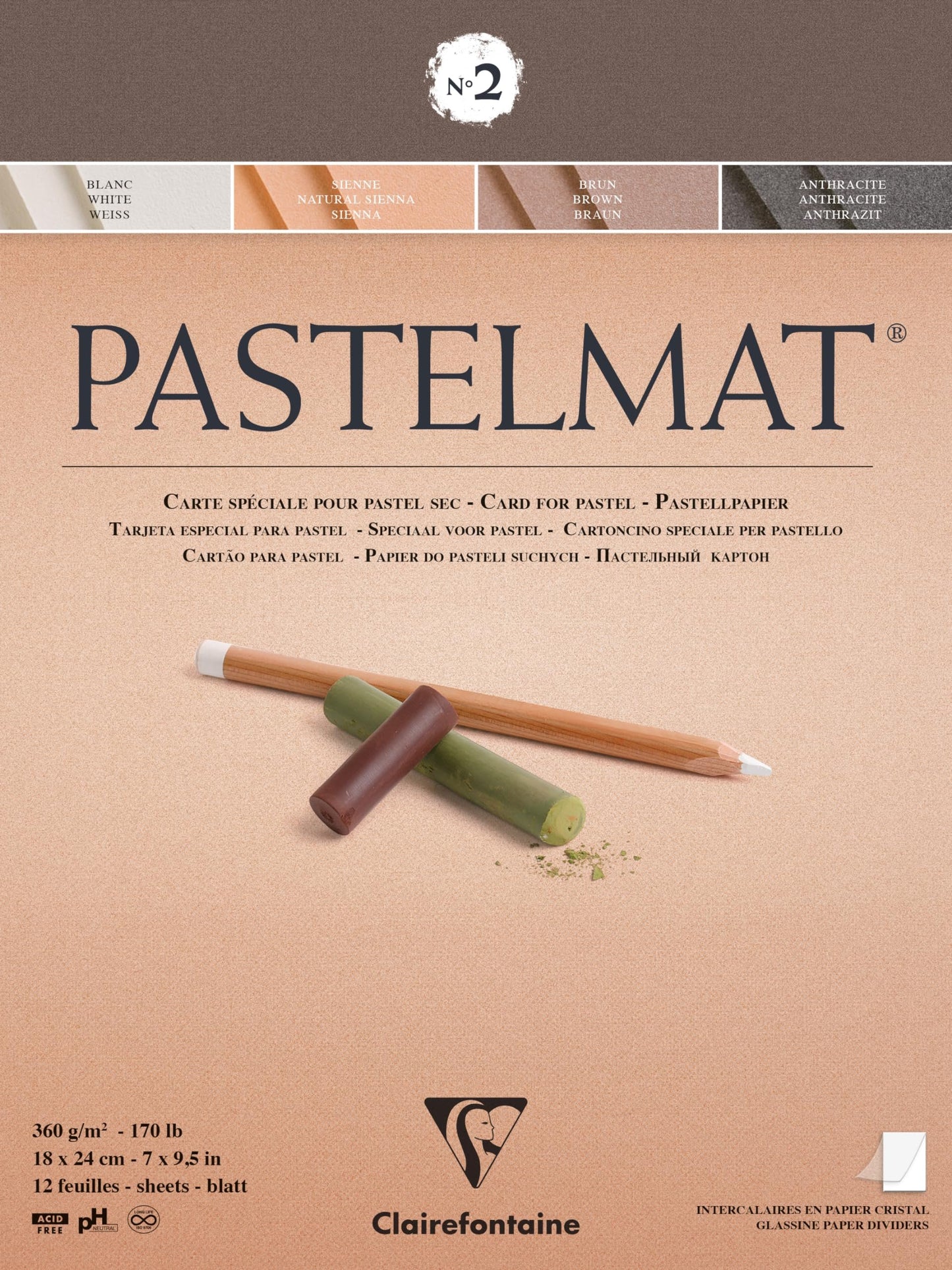 Clairefontaine PastelMat Pastel Card Pad, 360 g, 12 Sheets - Assorted Colours