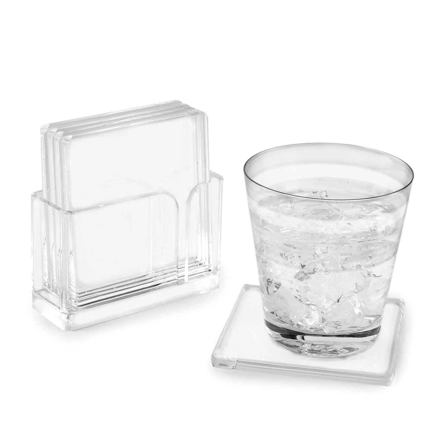 Huang Acrylic Clear 4" Square Coaster Set with Holder for Hot and Cold Beverages to Protect Coffee Table or Furniture