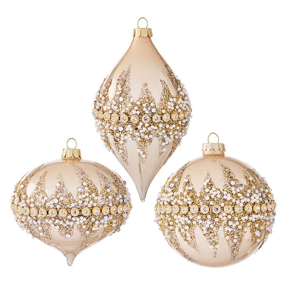 Raz Imports 2020 4-Inch Beaded Ornament, Light Brown, Assortment of 3
