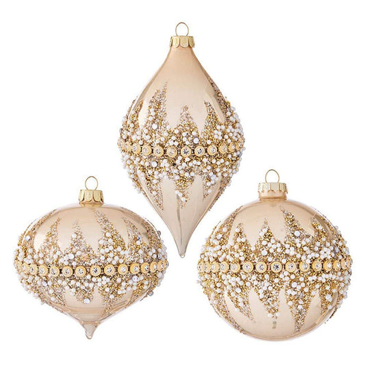 Raz Imports 2020 4-Inch Beaded Ornament, Light Brown, Assortment of 3