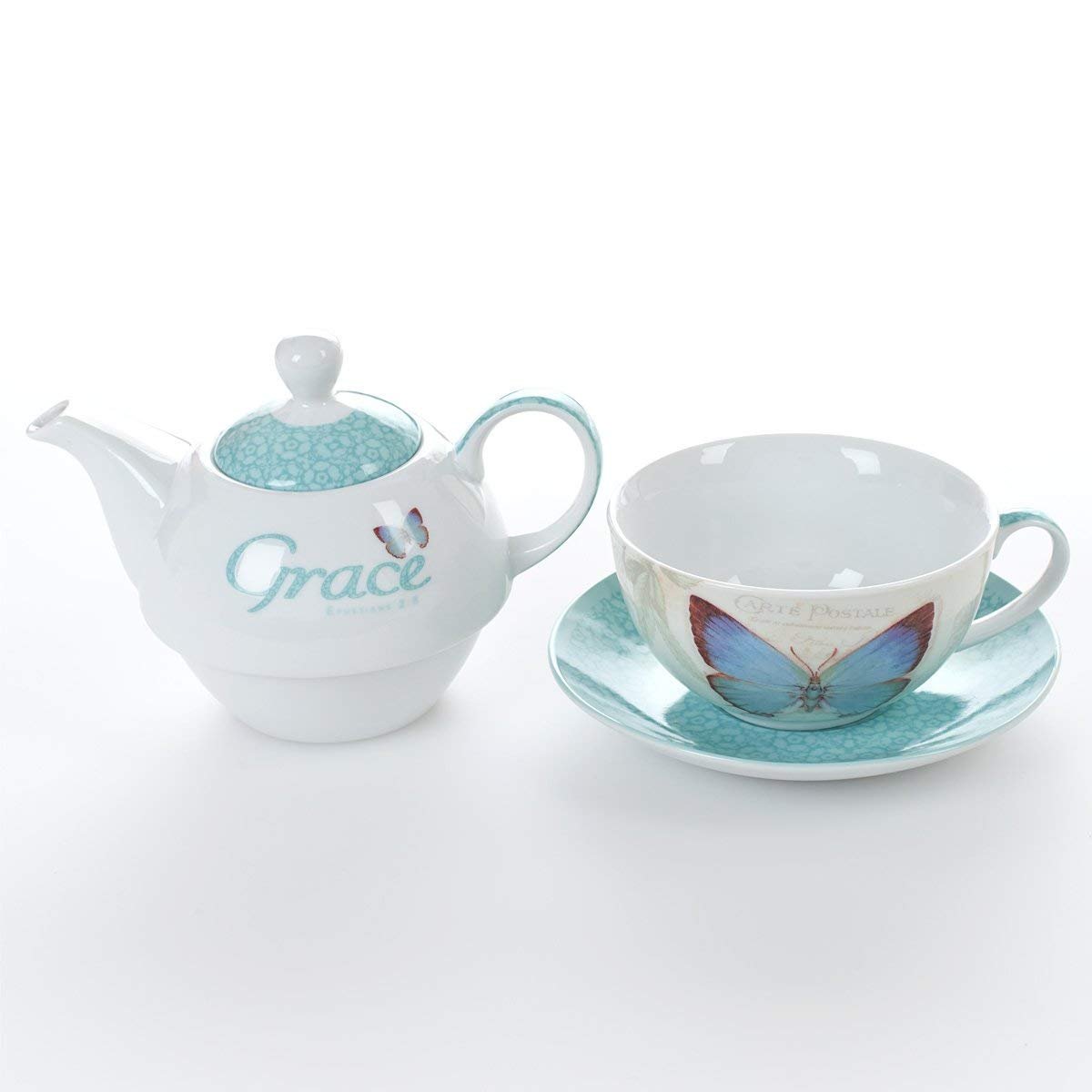 Christian Art Gifts Ceramic 14 oz. Teapot Set for Women: Botanic Butterfly Blessings - Grace Ephesians 2:8 Inspirational Bible Verse, Turquoise Tea For One Set w/8 oz. Cup & Saucer, White & Turquoise