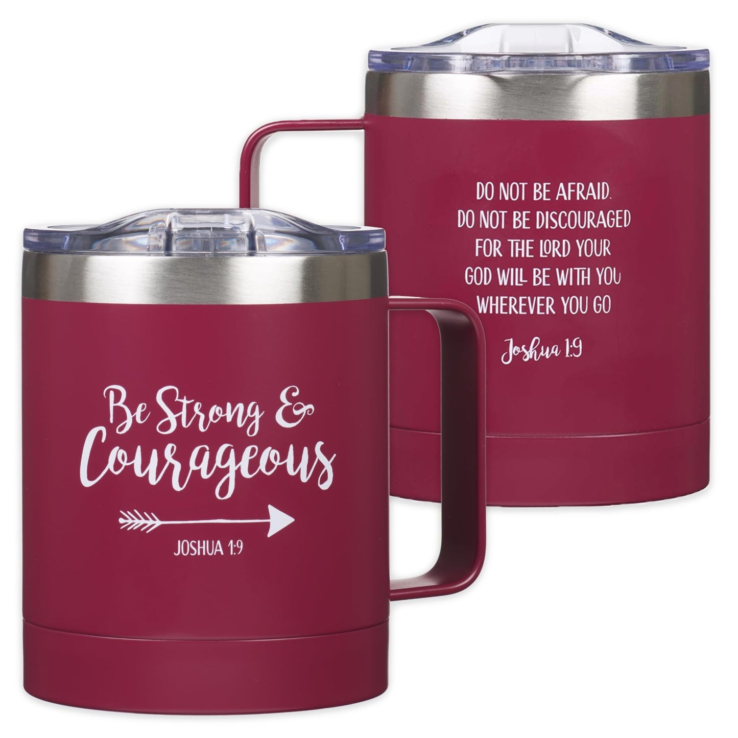 Christian Art Gifts Be Strong & Courageous Stainless Steel Magenta Mug w/Joshua 1:9 - Camp Style Travel Mug for Women and Men (11oz Double Wall Vacuum Insulated Coffee Mug with Lid and Handle)