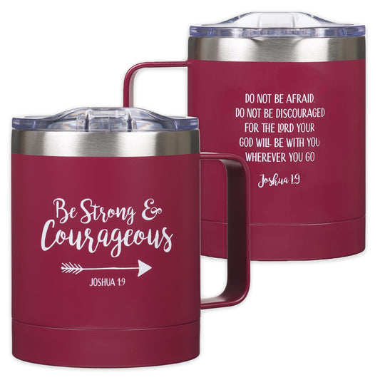 Christian Art Gifts Be Strong & Courageous Stainless Steel Magenta Mug w/Joshua 1:9 - Camp Style Travel Mug for Women and Men (11oz Double Wall Vacuum Insulated Coffee Mug with Lid and Handle)