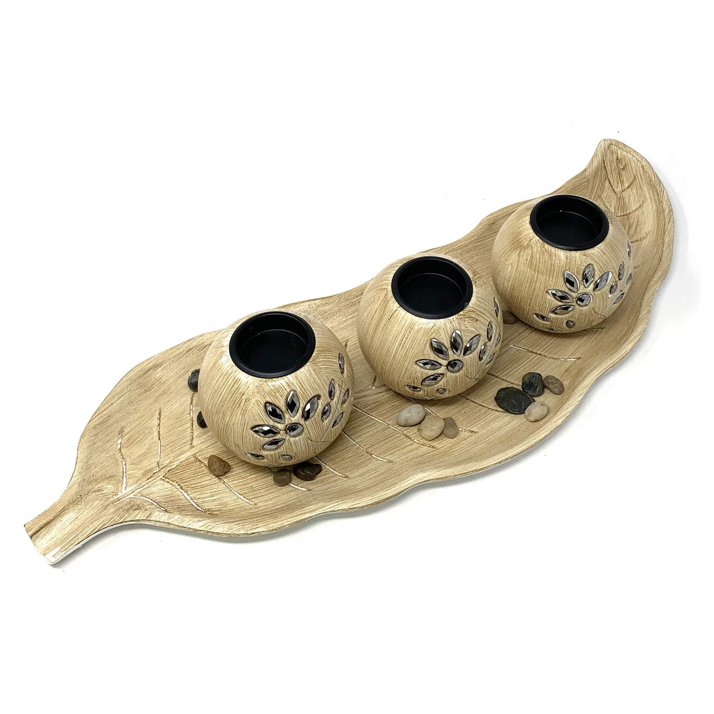 allgala Wooden Candle Holder Tray 3 Ball Orbs Set Tealight Candle Holder Centerpiece with Pebbles on Leaf Tray for Coffee Table Dining Table Accents Bowl for Living Room Décor