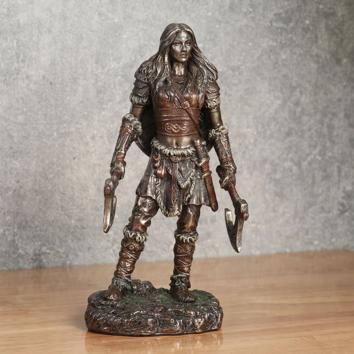 Veronese Design 6 1/8 Viking Twin Axes Berserker Female Resin Sculpture Cold Cast Bronze Finish