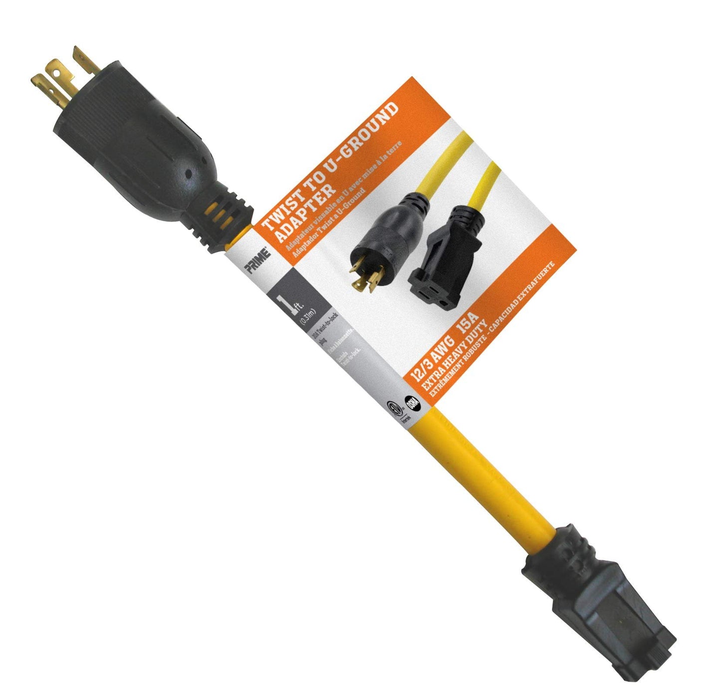 Prime AD100801L 1-Feet 12/3 STOW Twist to U-Ground Adapter, Yellow
