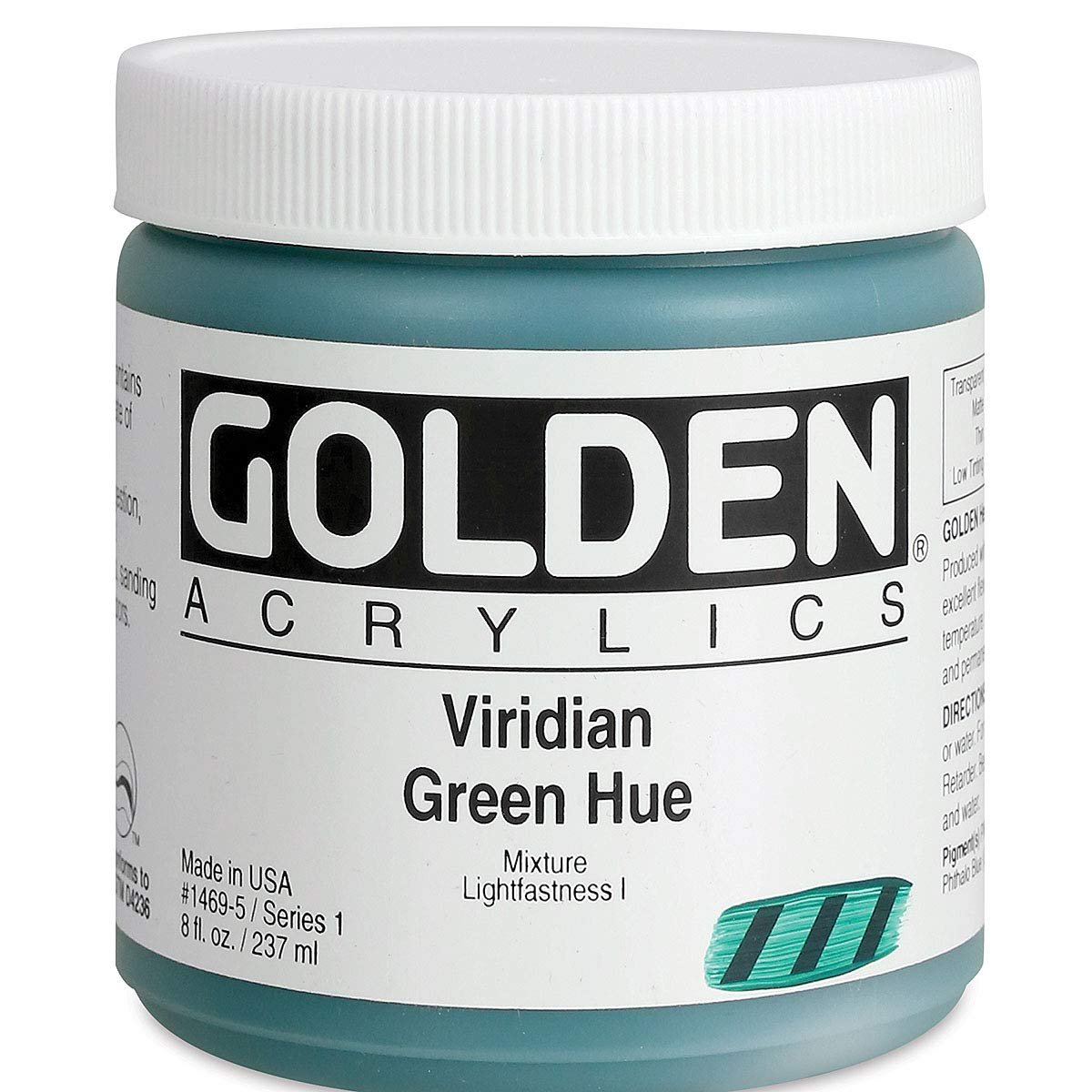 Heavy Body Acrylics by GOLDEN, Viridian Green Hue, 8 fl. oz. Jar, Professional Acrylic Paint, Semi-Transparent