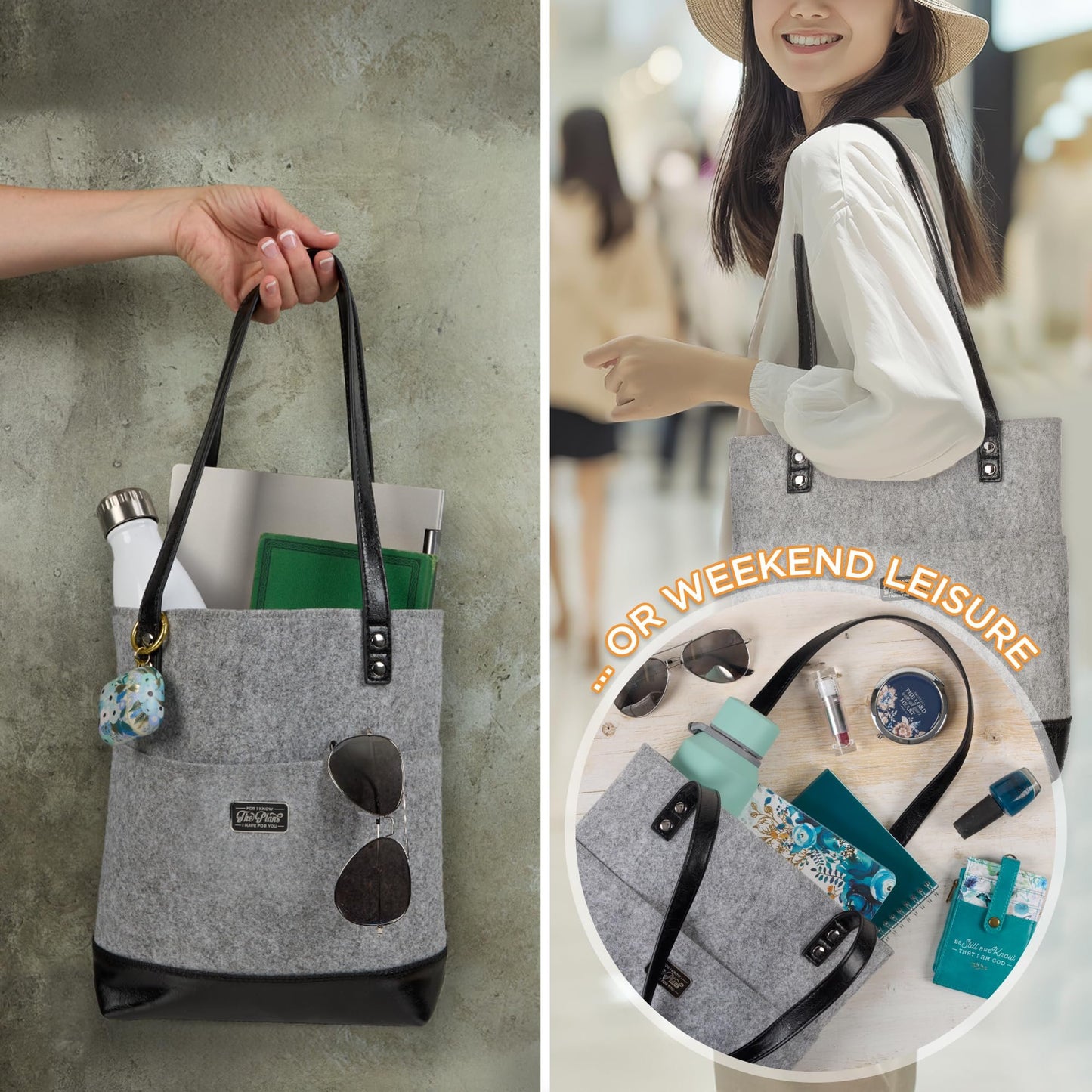 Christian Art Gifts Felt and Faux Leather Fashion Bible Cover Tote Bag with Inspirational Scripture, One Size