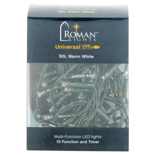 Roman 50L USB WARMWHITE LED Green Cord 10 Function 8/16 Timer