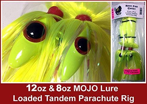 Blue Water Candy - Rock Fish Candy 12 oz & 8 oz Mojo Lure Loaded with 9-Inch Swimbait Shad Bodies Tandem Parachute Rigged & Ready