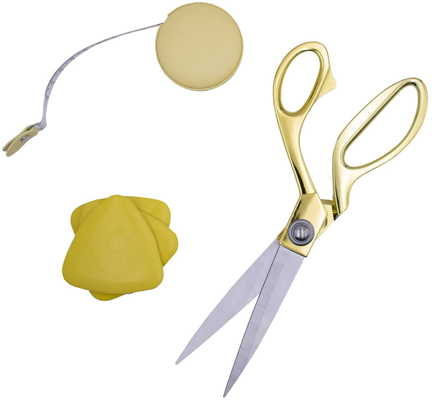 Professional Tailor 9.5” Sharp Scissors for Cutting Heavy Fabrics & Leather + Measuring Tape & Tailor’s Chalk