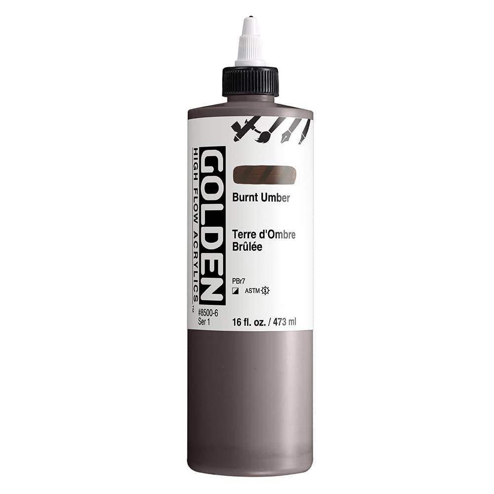 GOLDEN High Flow Acrylics, Burnt Umber, 16 fl. oz. Bottle, Professional Acrylic Paint, Semi-Opaque