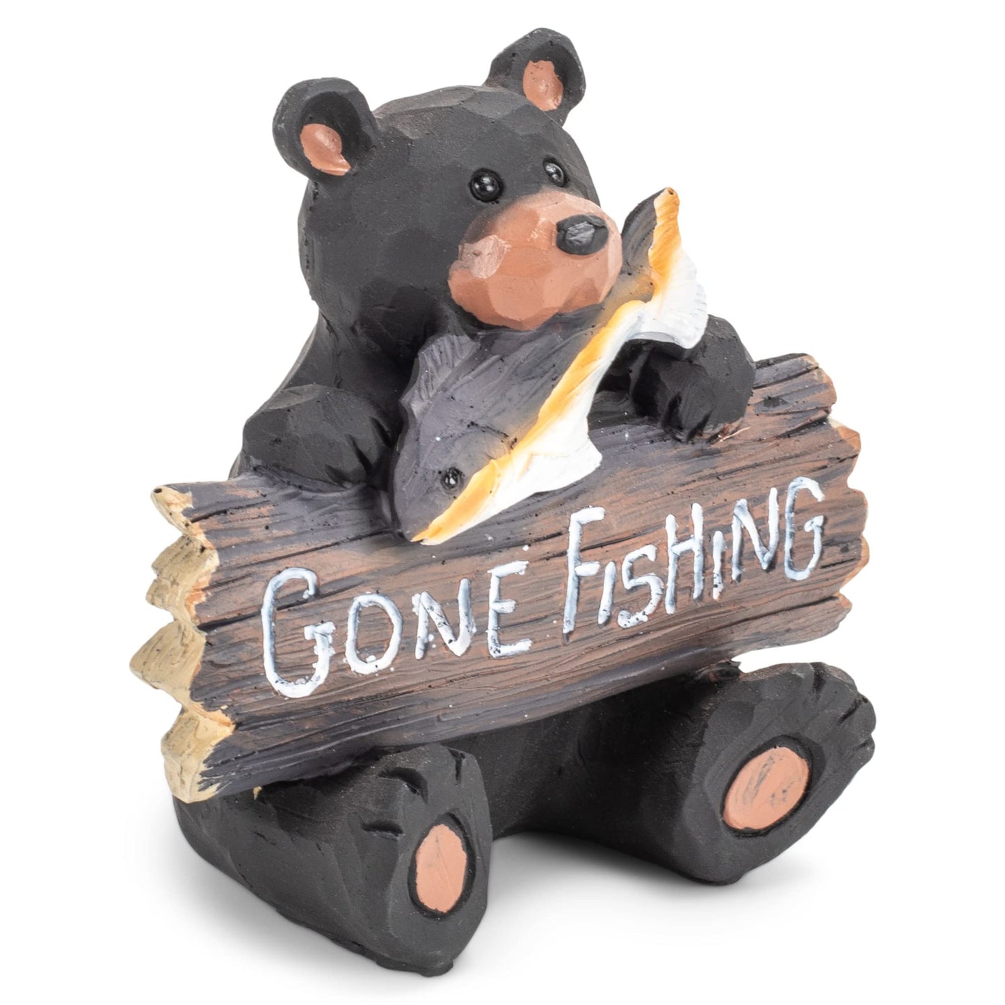 Bear with Gone Fishing Sign Natural Black 4 x 4 Resin Stone Figurine